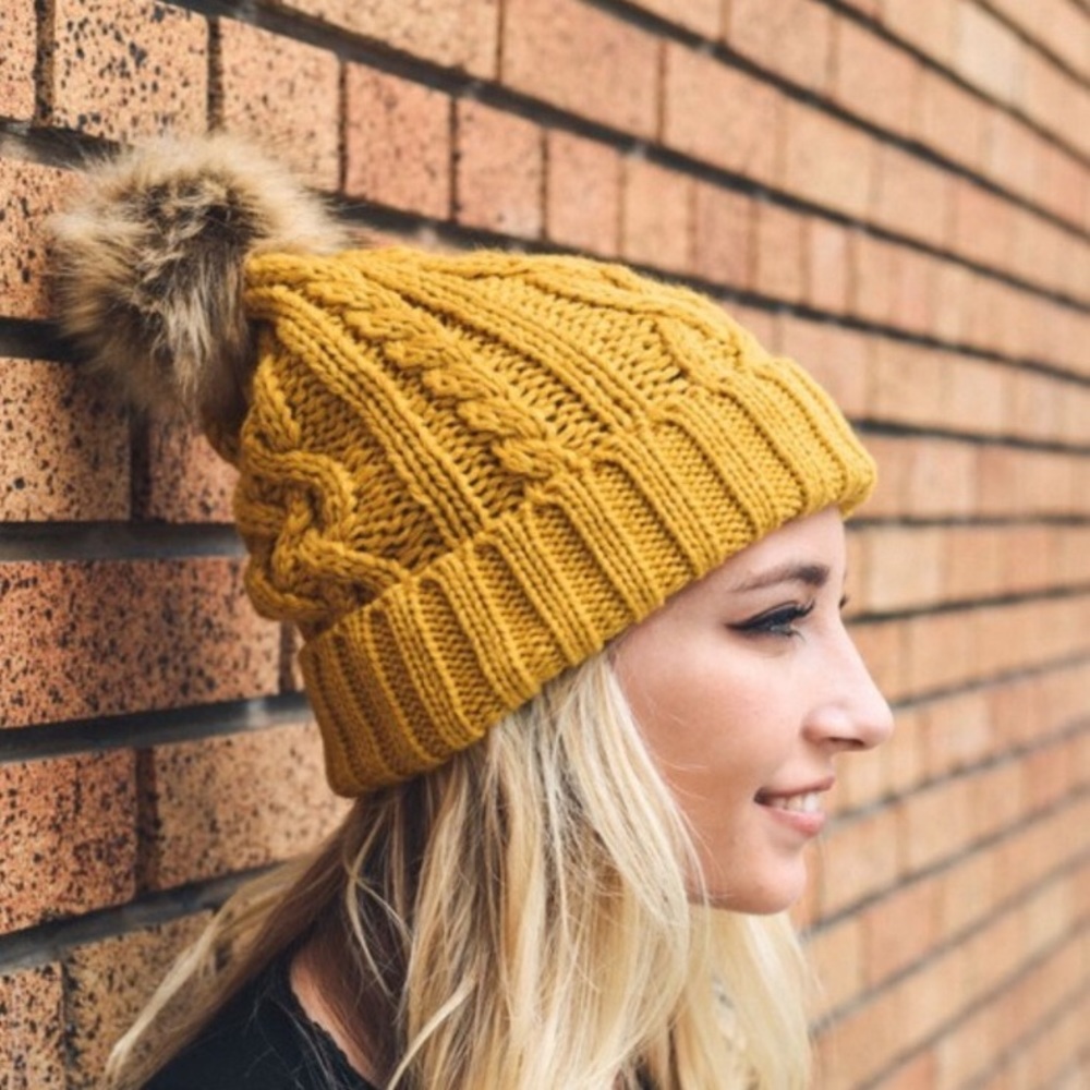 Mustard Cable Knit Pom Pom Beanie Hat